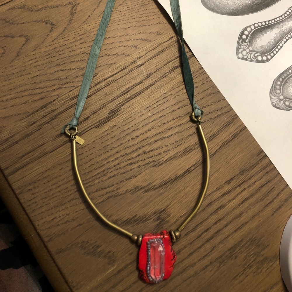 Anthropologie red stone necklace Leather strap
